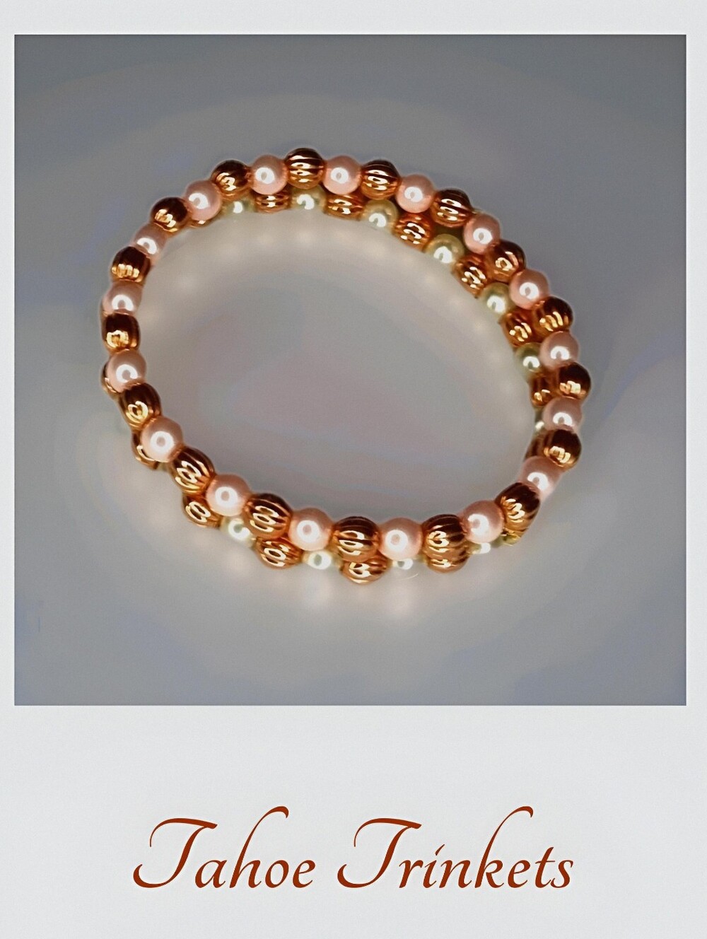 Stackable Pair of Matching Pink/White Pearl Beaded Stretch Bracelets with Copper